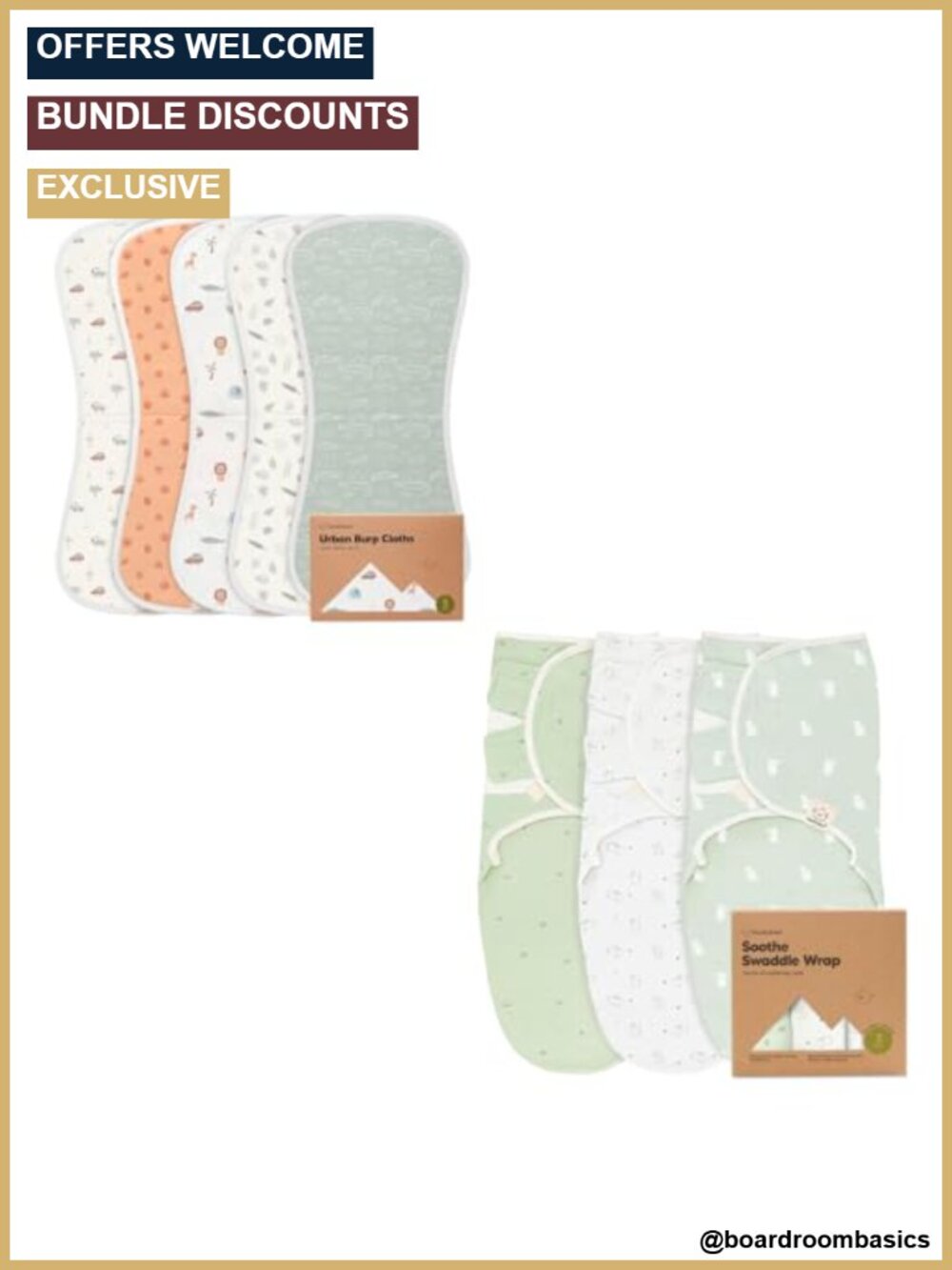 5-Pack Cotton Burp Cloths 21x10 & 3-Pack Swaddle Sleep Sacks